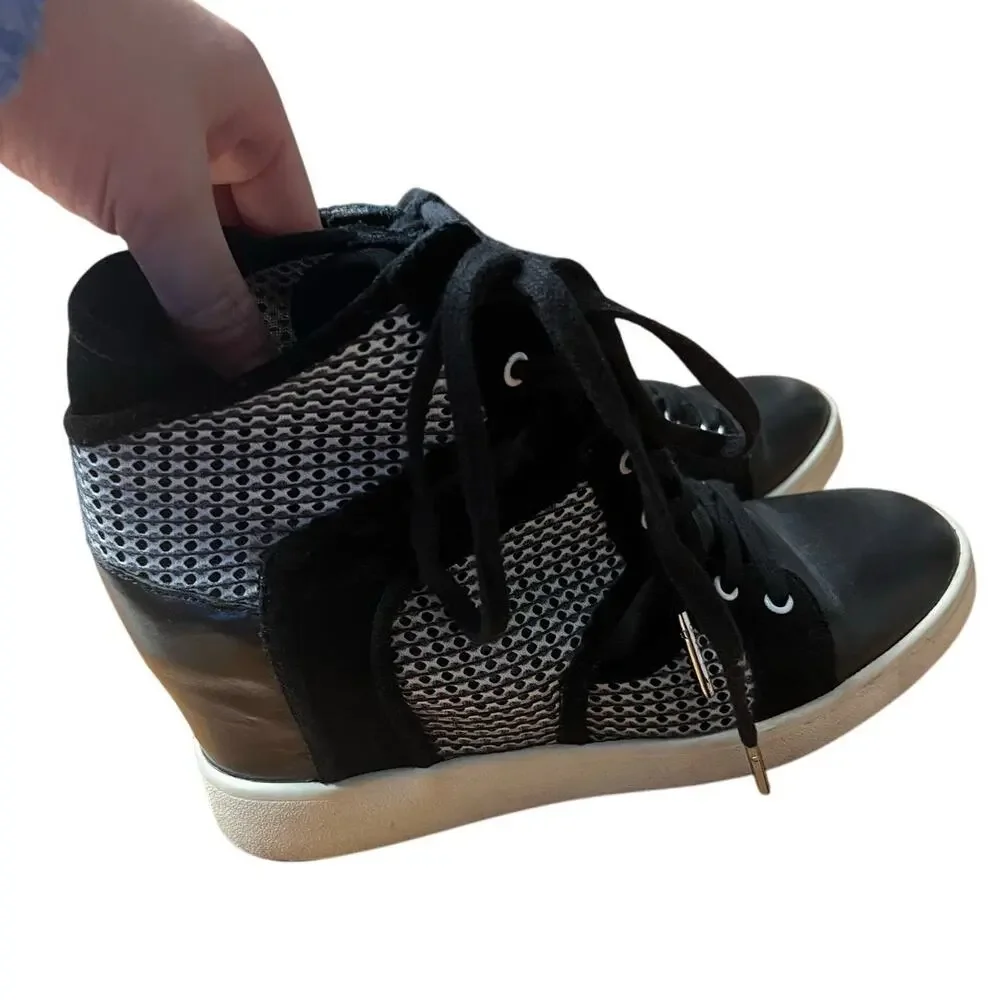 L.A.M.B. Black Leather Mesh Lace Up Wedge Sneakers Size 7